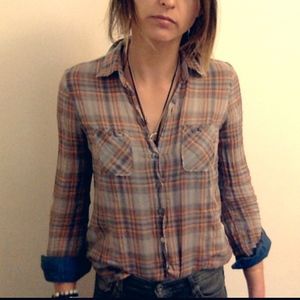 BCBG Plaid Button-down with Jean Sleeves